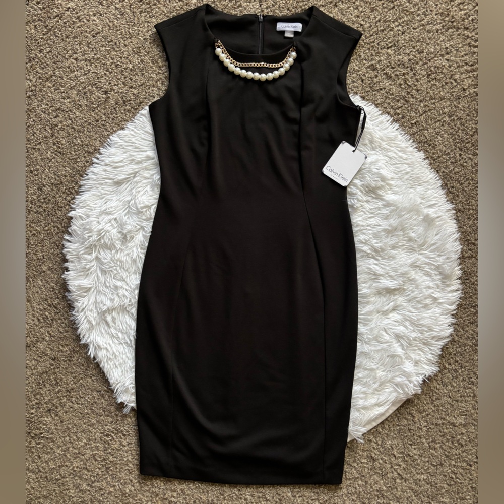 Calvin‎ Klein Dress New Black Attached Faux Pearl Gold Chain Necklace Womens 6